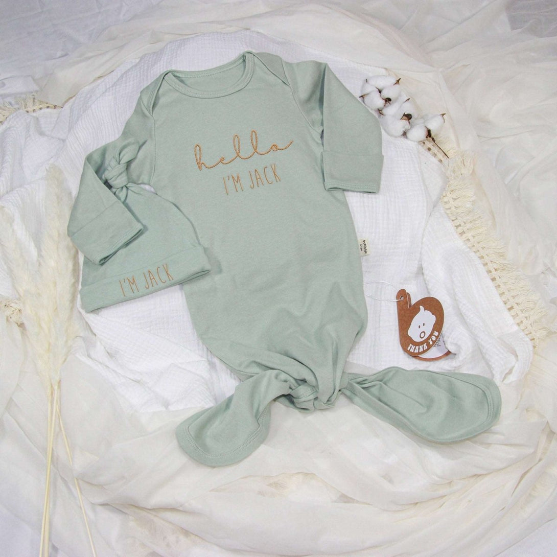 Personalized Knotted Gown Baby Clothes Must Haves, Gender Neutral Newborn Going Home Outfit With Embroidered Name - BabiChic