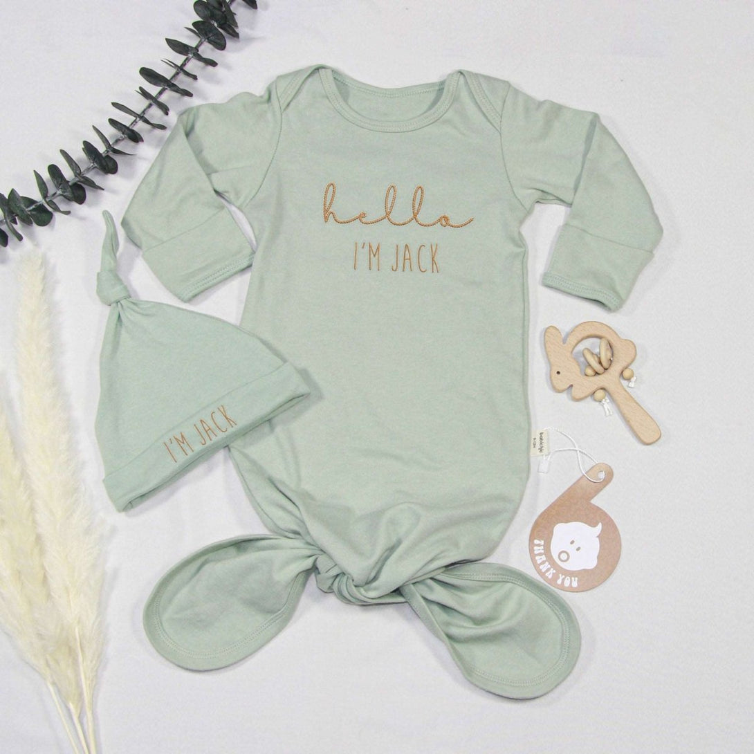 Personalized Knotted Gown Baby Clothes Must Haves, Gender Neutral Newborn Going Home Outfit With Embroidered Name - BabiChic