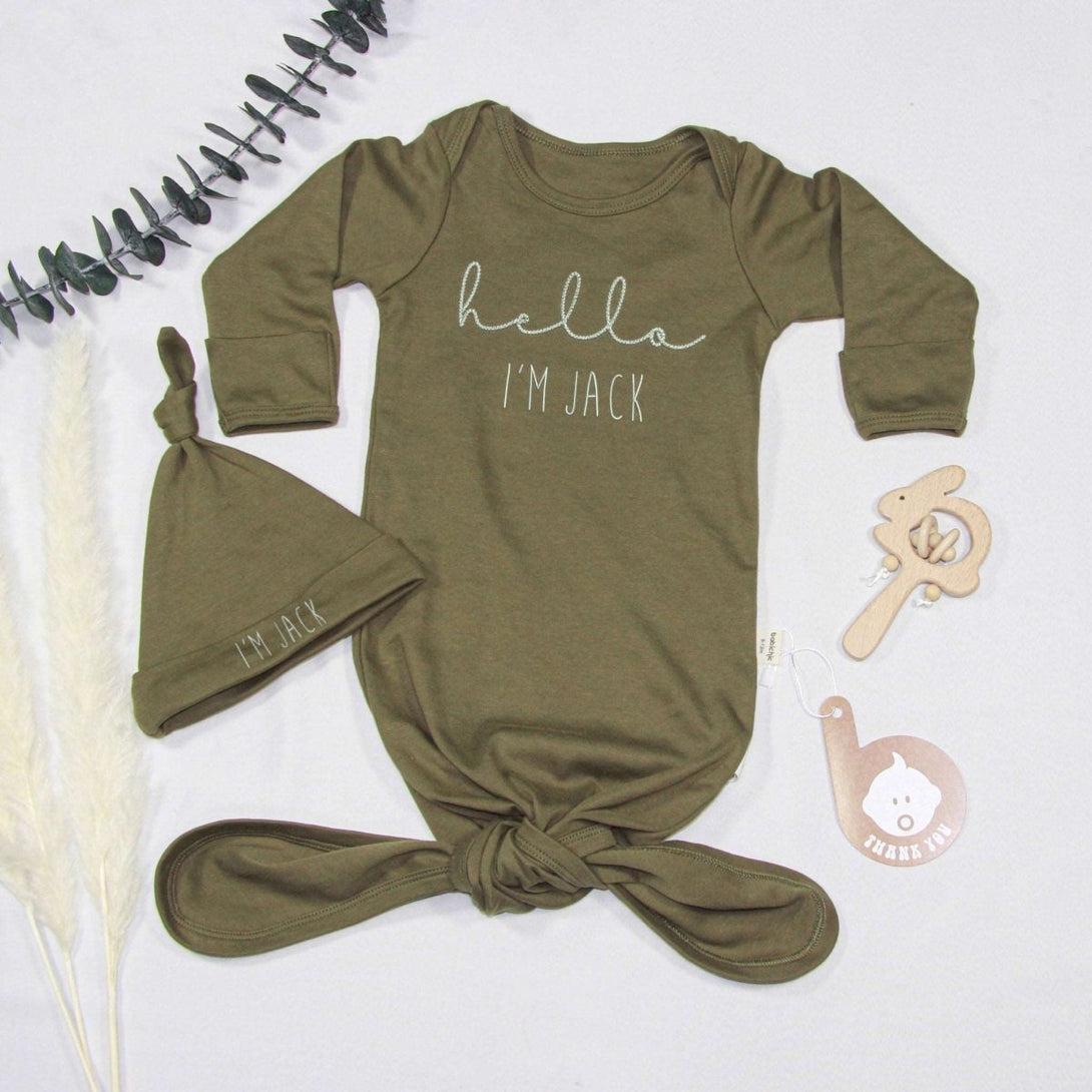 Personalized Knotted Gown Baby Clothes Must Haves, Gender Neutral Newborn, Welcome Home Outfit With Embroidered Name - BabiChic