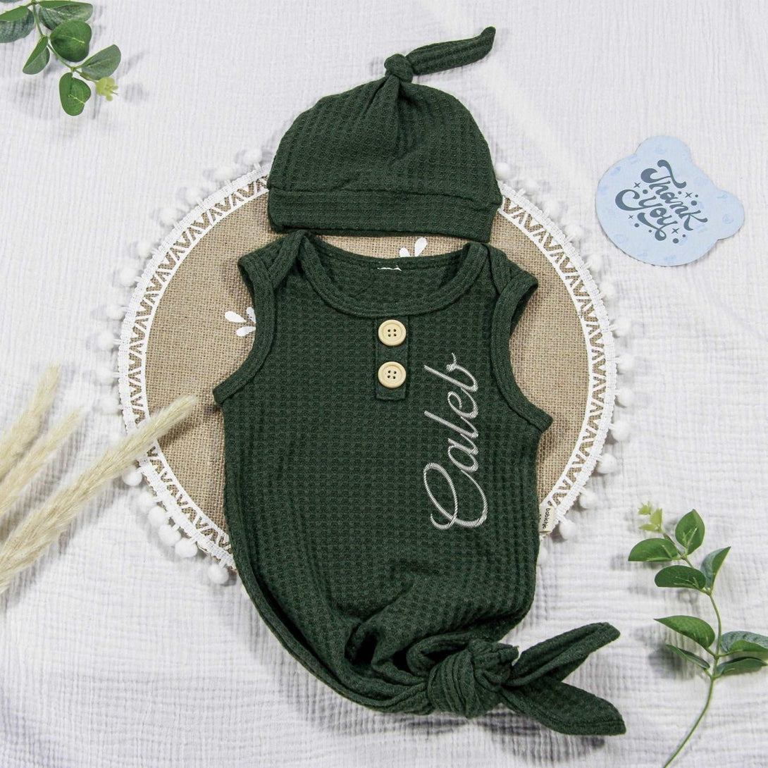 Personalized Knotted Gown Baby Must Haves, Gender Neutral Newborn Coming Home Outfit With Embroided Name - BabiChic