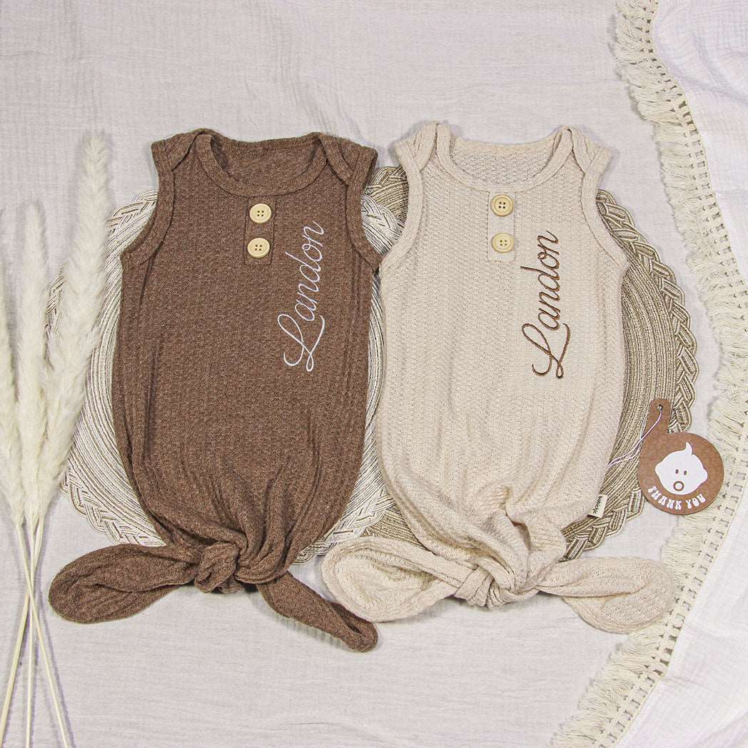 Personalized Knotted Gown Baby Must Haves, Gender Neutral Newborn Coming Home Outfit With Embroided Name - BabiChic