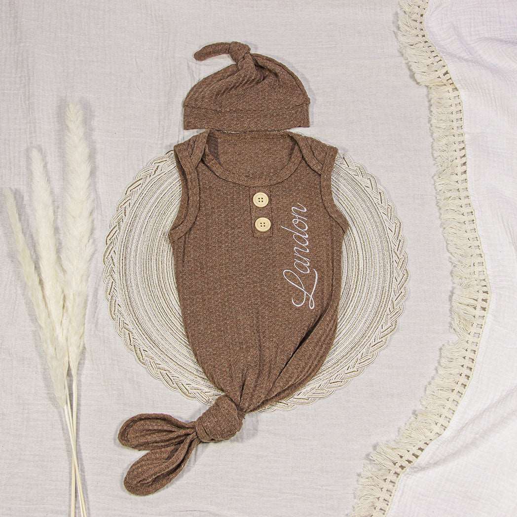 Personalized Knotted Gown Baby Must Haves, Gender Neutral Newborn Coming Home Outfit With Embroided Name - BabiChic