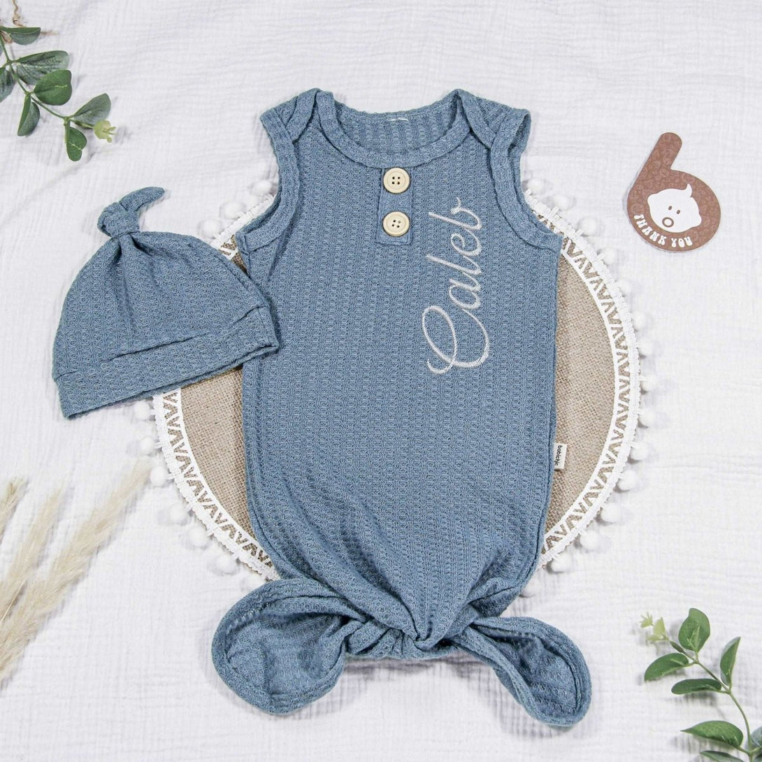 Personalized Knotted Gown Baby Must Haves, Gender Neutral Newborn Coming Home Outfit With Embroided Name - BabiChic