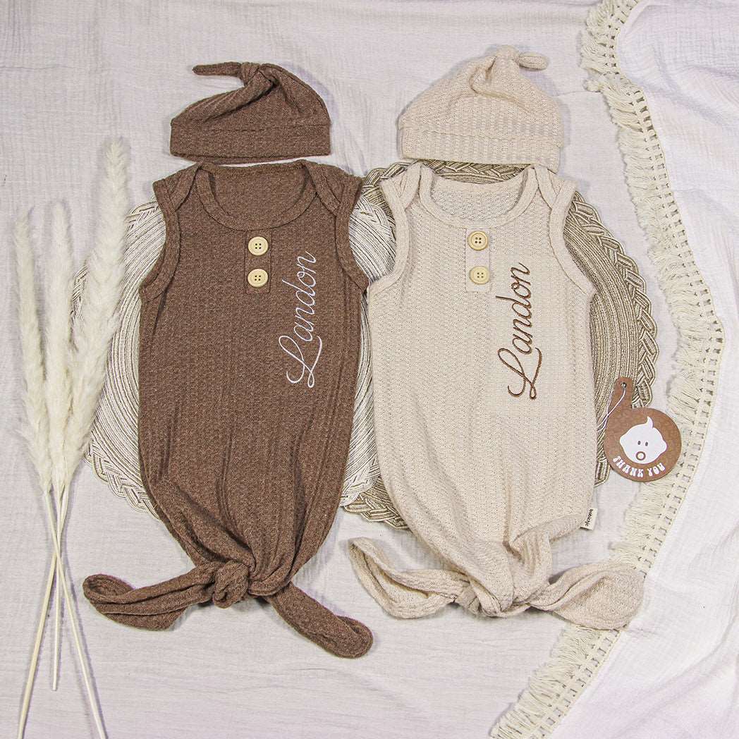 Personalized Knotted Gown Baby Must Haves, Gender Neutral Newborn Coming Home Outfit With Embroided Name - BabiChic