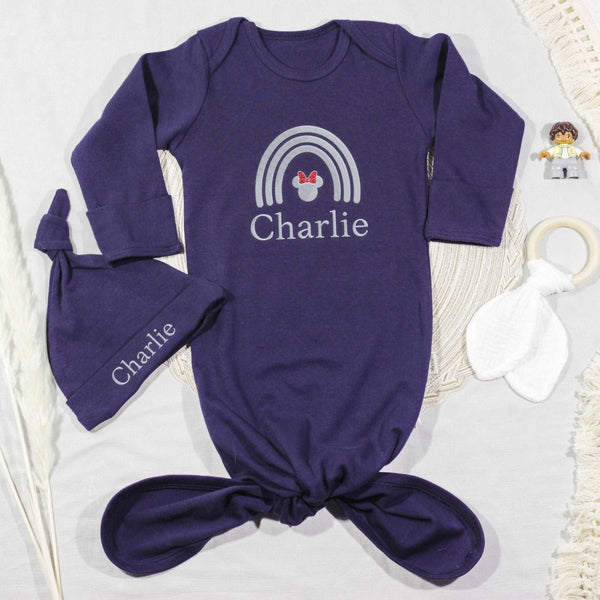 Personalized Knotted Gown & Hat Set Gender Neutral Baby Clothes Must Haves - Embroided Name - Going Home From Hospital Outfit - BabiChic
