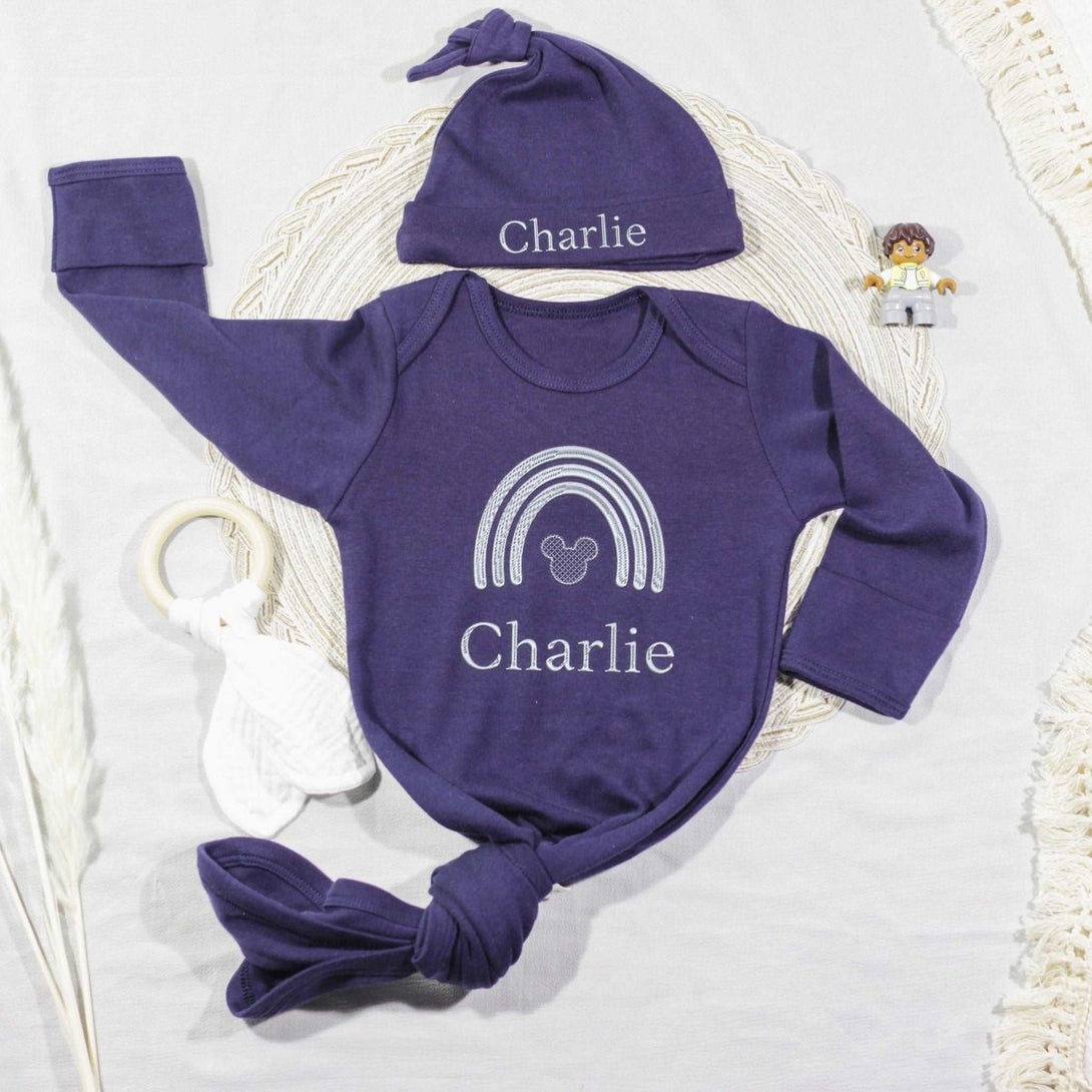 Personalized Knotted Gown & Hat Set Gender Neutral Baby Clothes Must Haves - Embroided Name - Going Home From Hospital Outfit - BabiChic