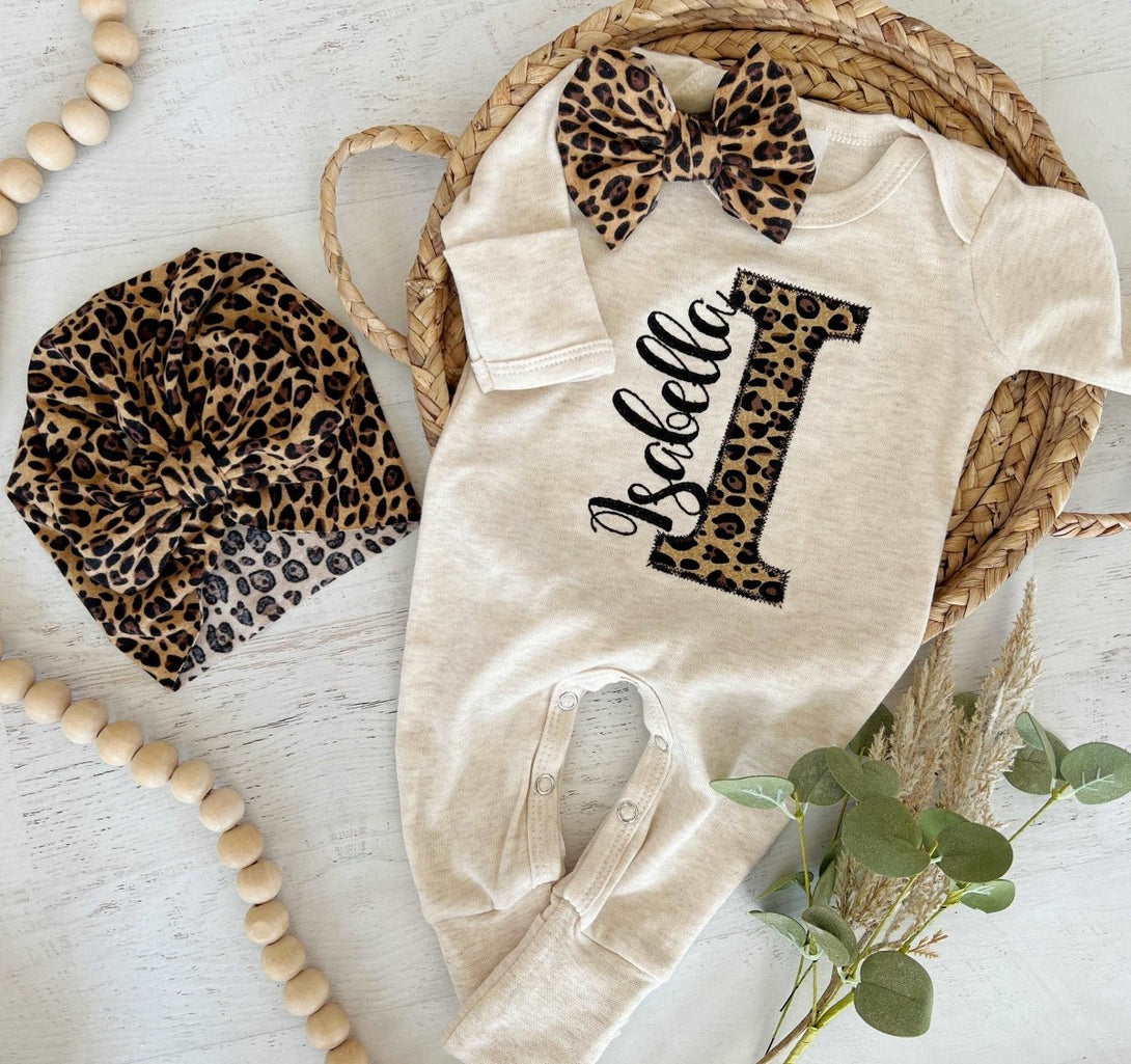 Personalized Leopard Romper & Turban Set, Custom Girl Coming Home Outfit, Baby Shower Gift, Beige & Leopard - BabiChic