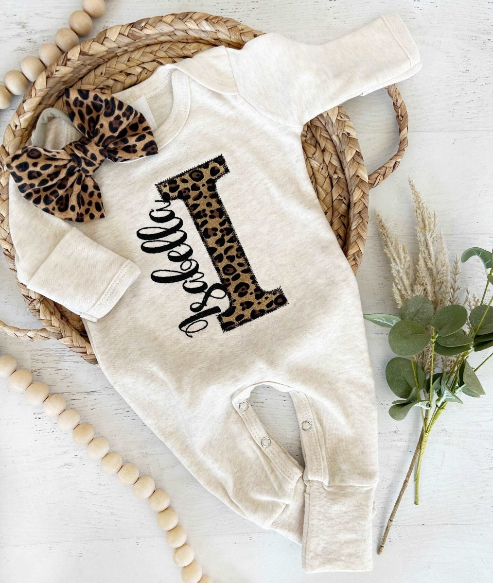 Personalized Leopard Romper & Turban Set, Custom Girl Coming Home Outfit, Baby Shower Gift, Beige & Leopard - BabiChic