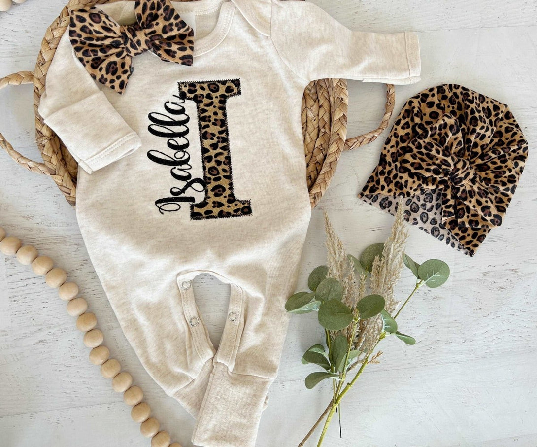 Personalized Leopard Romper & Turban Set, Custom Girl Coming Home Outfit, Baby Shower Gift, Beige & Leopard - BabiChic