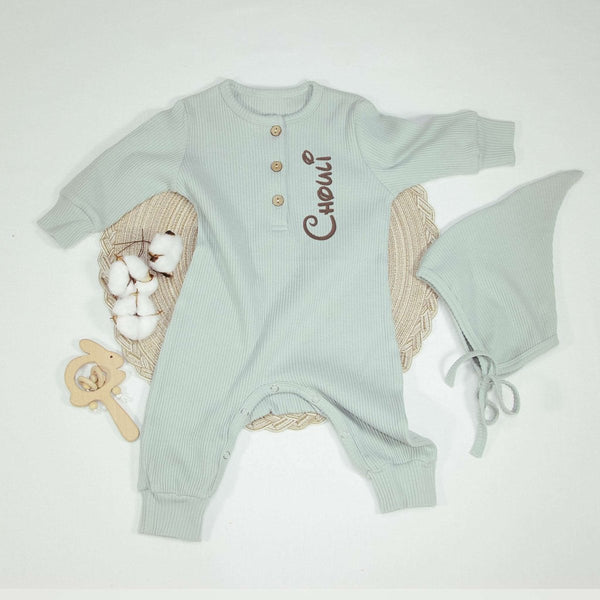 Personalized Long Sleeve Romper & Top Hat Set Gender Neutral Baby Clothes - Embroided Name - Baby Outfits For Family Gatherings or Walking - BabiChic