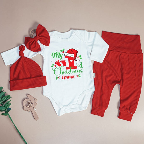 Personalized My 1st Christmas Baby Onesie and Long Pants Set | Custom Name Santa Christmas Bodysuit - BabiChic