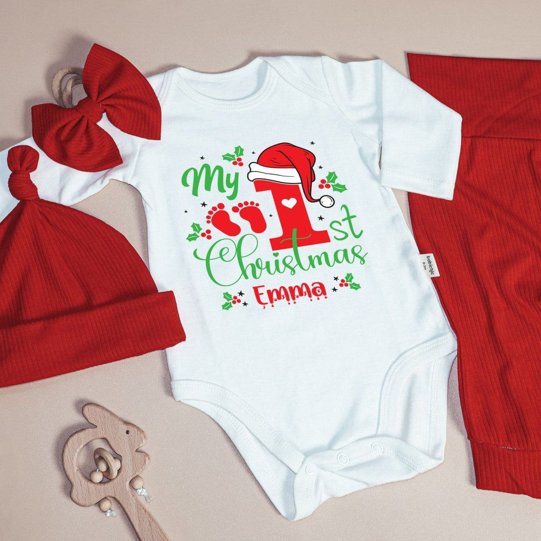 Personalized My 1st Christmas Baby Onesie and Long Pants Set | Custom Name Santa Christmas Bodysuit - BabiChic