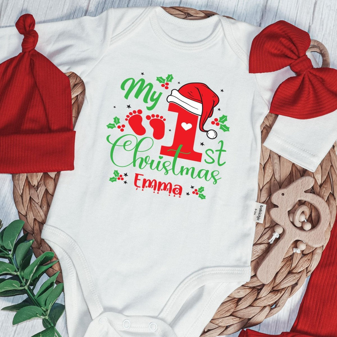 Personalized My 1st Christmas Baby Onesie and Long Pants Set | Custom Name Santa Christmas Bodysuit - BabiChic