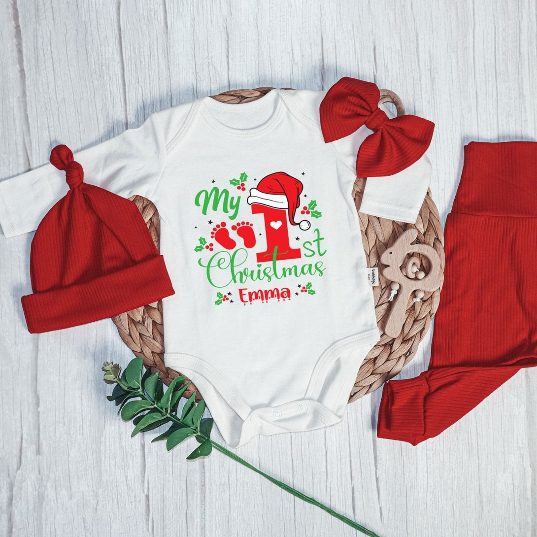 Personalized My 1st Christmas Baby Onesie and Long Pants Set | Custom Name Santa Christmas Bodysuit - BabiChic