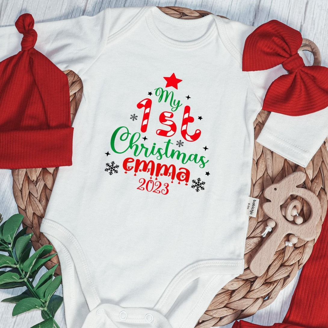 Personalized My 1st Christmas Onesie and Long Pants Set | My First Baby Onesie | Cute Holiday Bodysuit - BabiChic