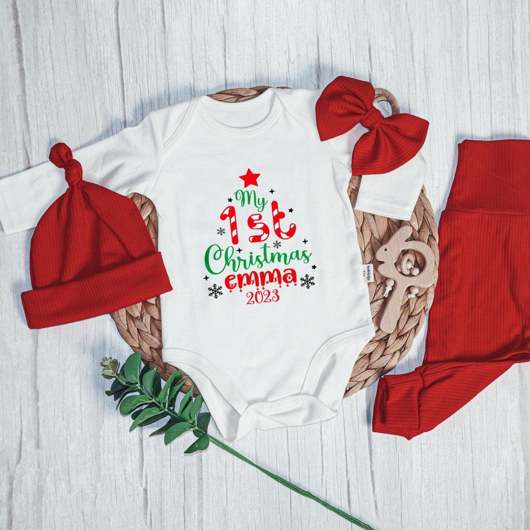 Personalized My 1st Christmas Onesie and Long Pants Set | My First Baby Onesie | Cute Holiday Bodysuit - BabiChic