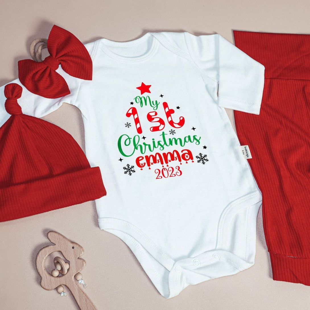 Personalized My 1st Christmas Onesie and Long Pants Set | My First Baby Onesie | Cute Holiday Bodysuit - BabiChic