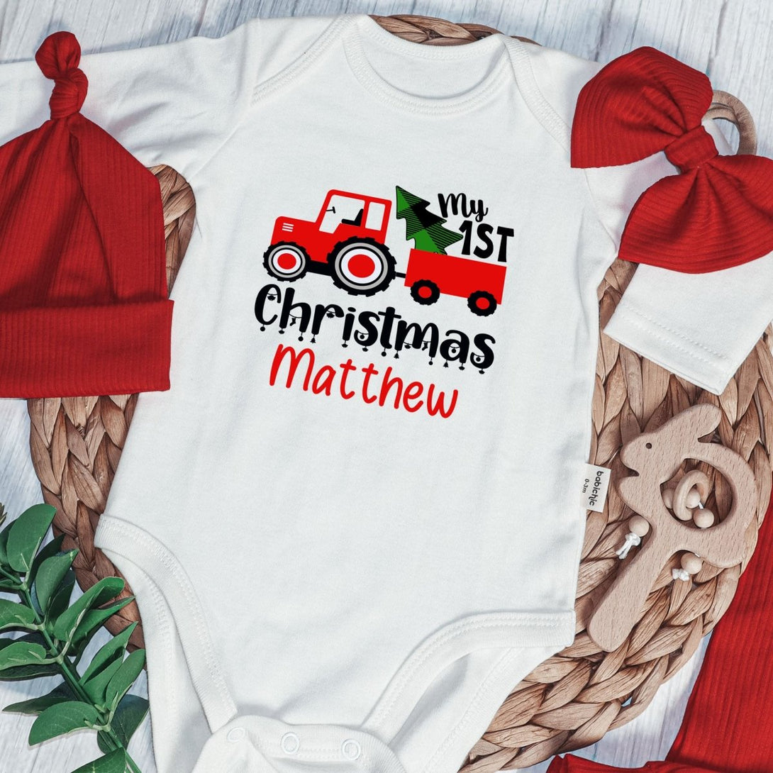 Personalized My 1st Christmas Truck Baby Onesie and Long Pants Set | Custom Christmas Tree Farm Bodysuit - BabiChic