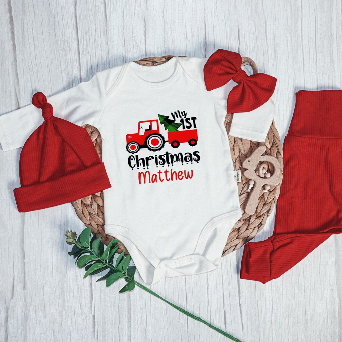 Personalized My 1st Christmas Truck Baby Onesie and Long Pants Set | Custom Christmas Tree Farm Bodysuit - BabiChic