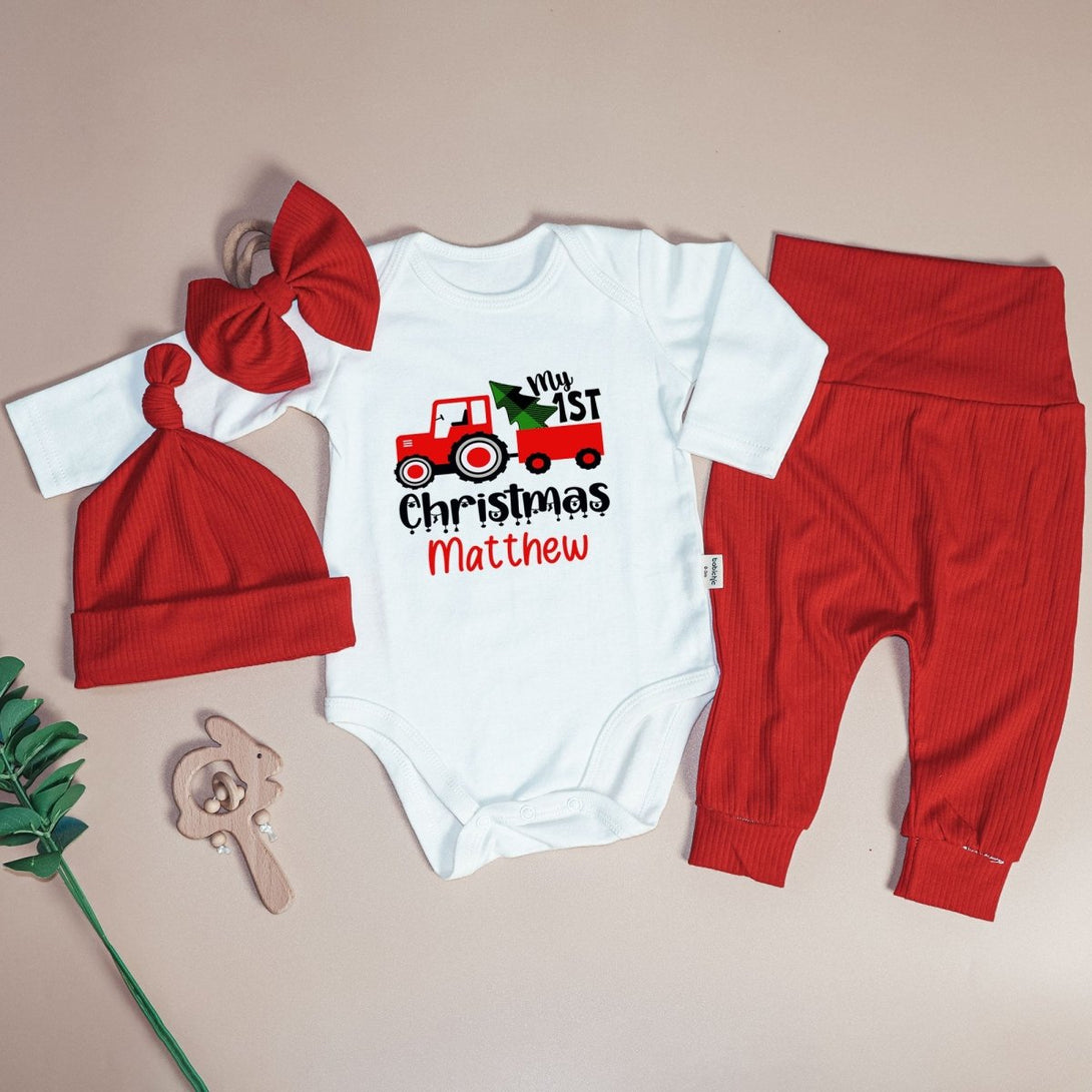 Personalized My 1st Christmas Truck Baby Onesie and Long Pants Set | Custom Christmas Tree Farm Bodysuit - BabiChic