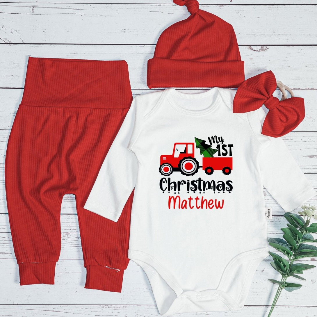 Personalized My 1st Christmas Truck Baby Onesie and Long Pants Set | Custom Christmas Tree Farm Bodysuit - BabiChic