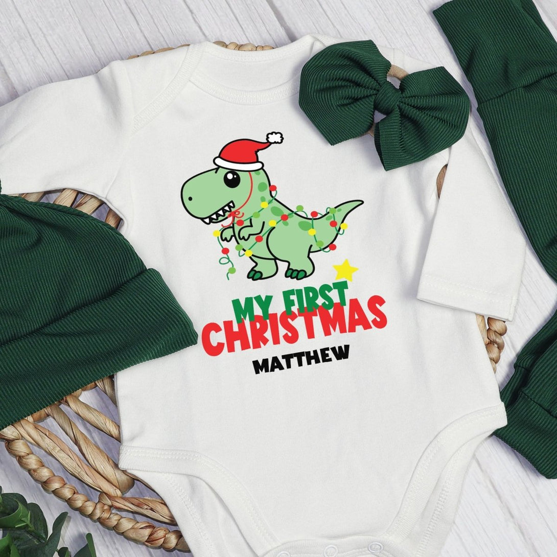 Personalized My First Christmas Baby Boy Onesie and Long Pants Set | Cute Dinosaur Christmas Bodysuit | Newborn Xmas Outfit - BabiChic