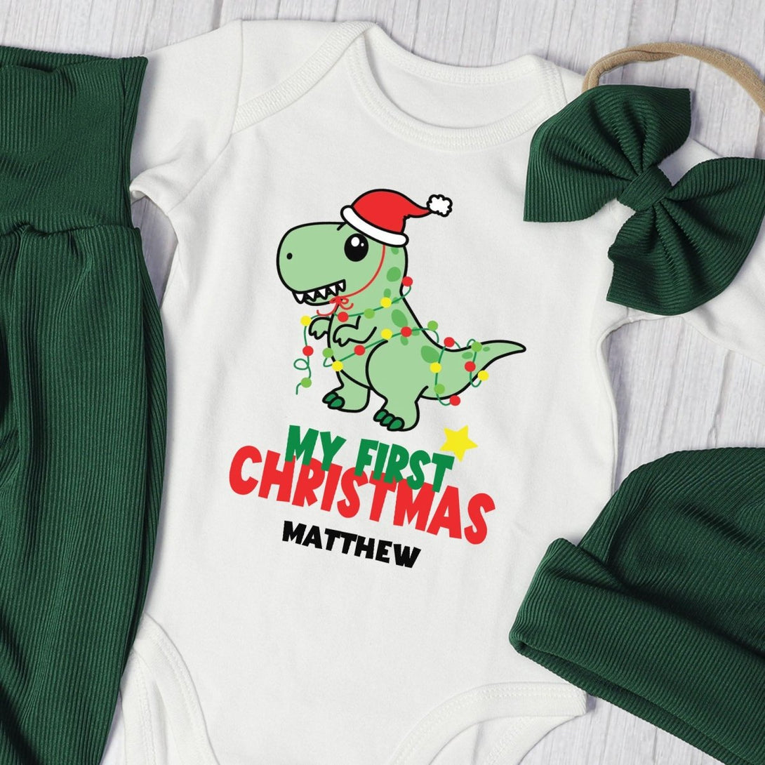 Personalized My First Christmas Baby Boy Onesie and Long Pants Set | Cute Dinosaur Christmas Bodysuit | Newborn Xmas Outfit - BabiChic