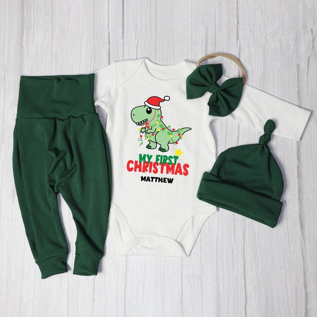 Personalized My First Christmas Baby Boy Onesie and Long Pants Set | Cute Dinosaur Christmas Bodysuit | Newborn Xmas Outfit - BabiChic