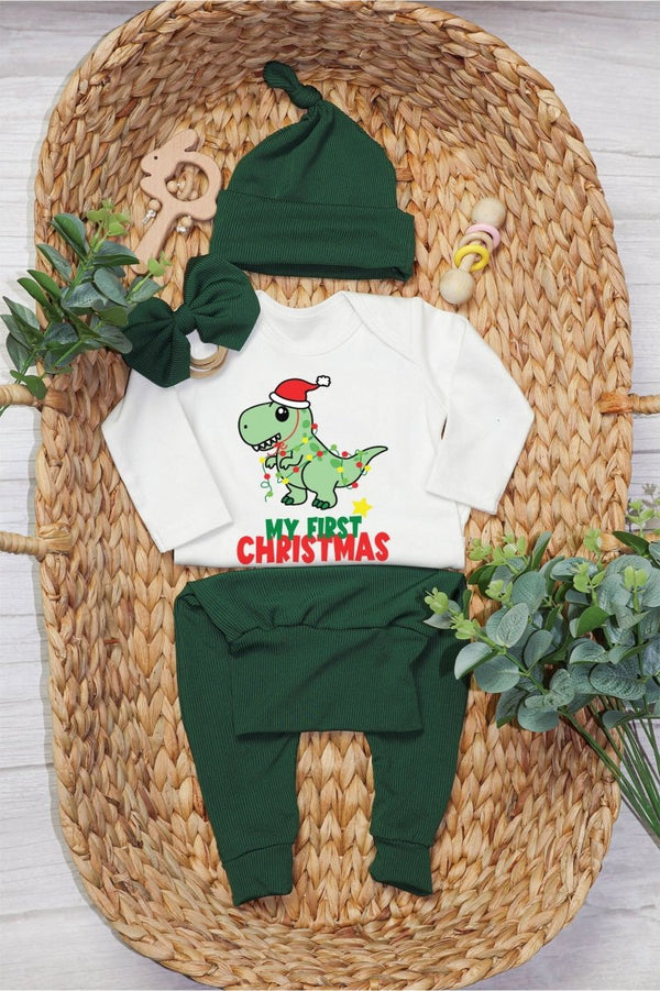 Personalized My First Christmas Baby Boy Onesie and Long Pants Set | Cute Dinosaur Christmas Bodysuit | Newborn Xmas Outfit - BabiChic