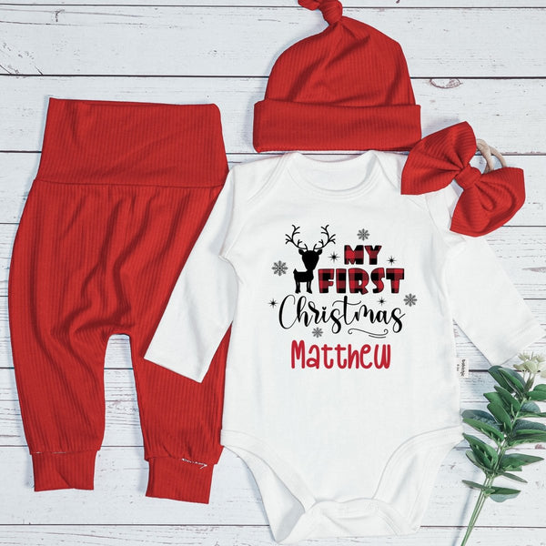Personalized My First Christmas Baby Onesie and Long Pants | Newborn Baby Christmas Bodysuit - BabiChic