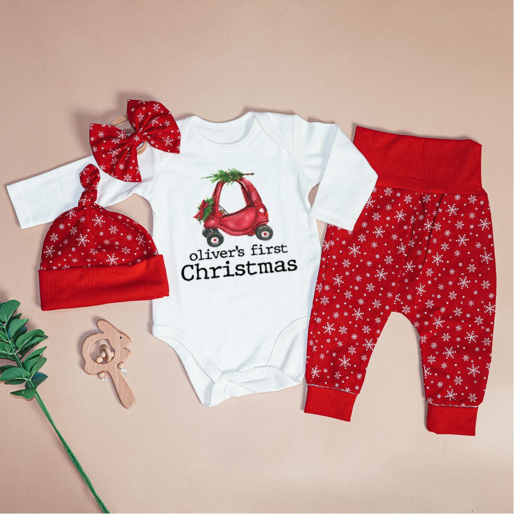 Personalized My First Christmas Baby Onesie and Long Pants Set | Custom Christmas Truck Newborn Bodysuit - BabiChic