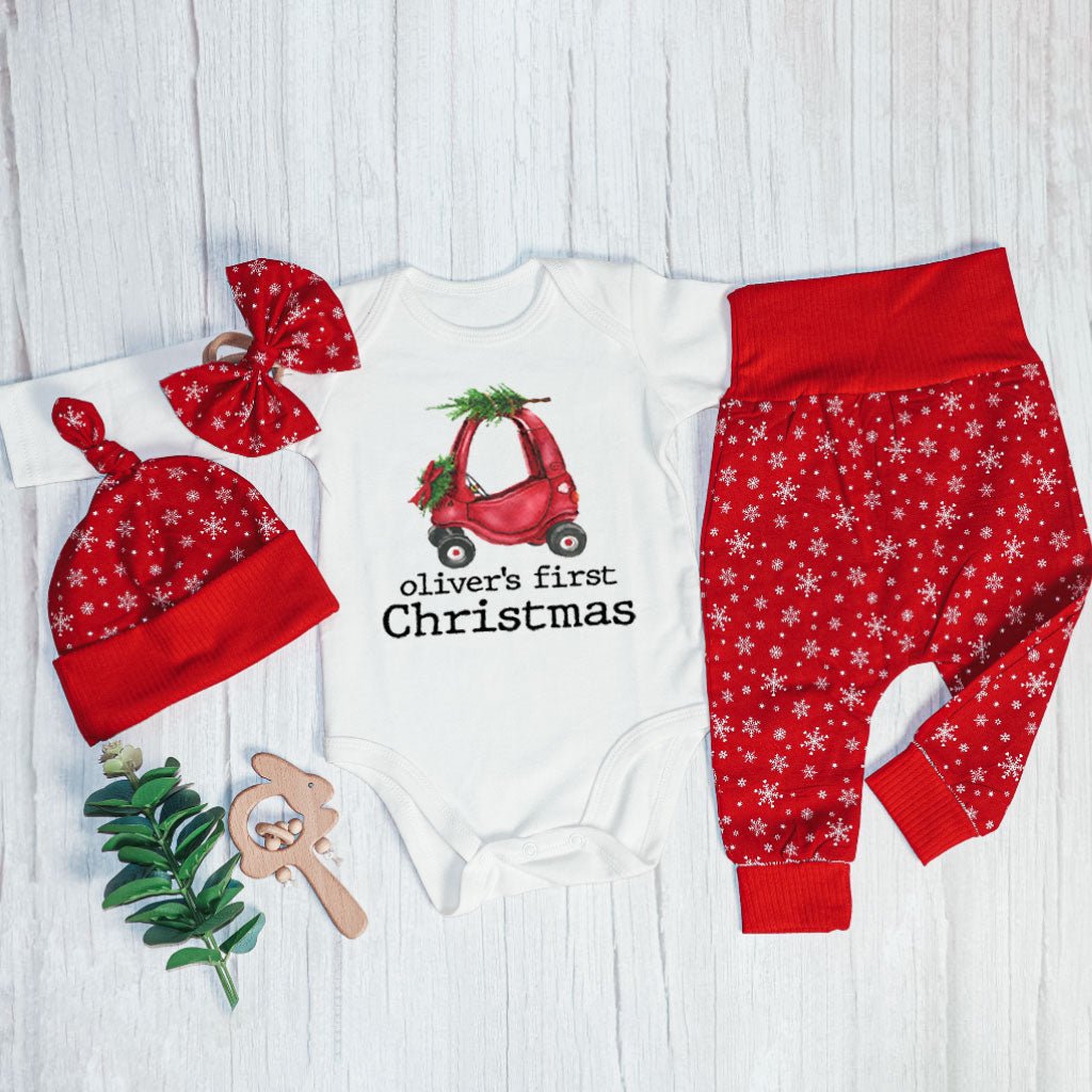 Personalized My First Christmas Baby Onesie and Long Pants Set | Custom Christmas Truck Newborn Bodysuit - BabiChic