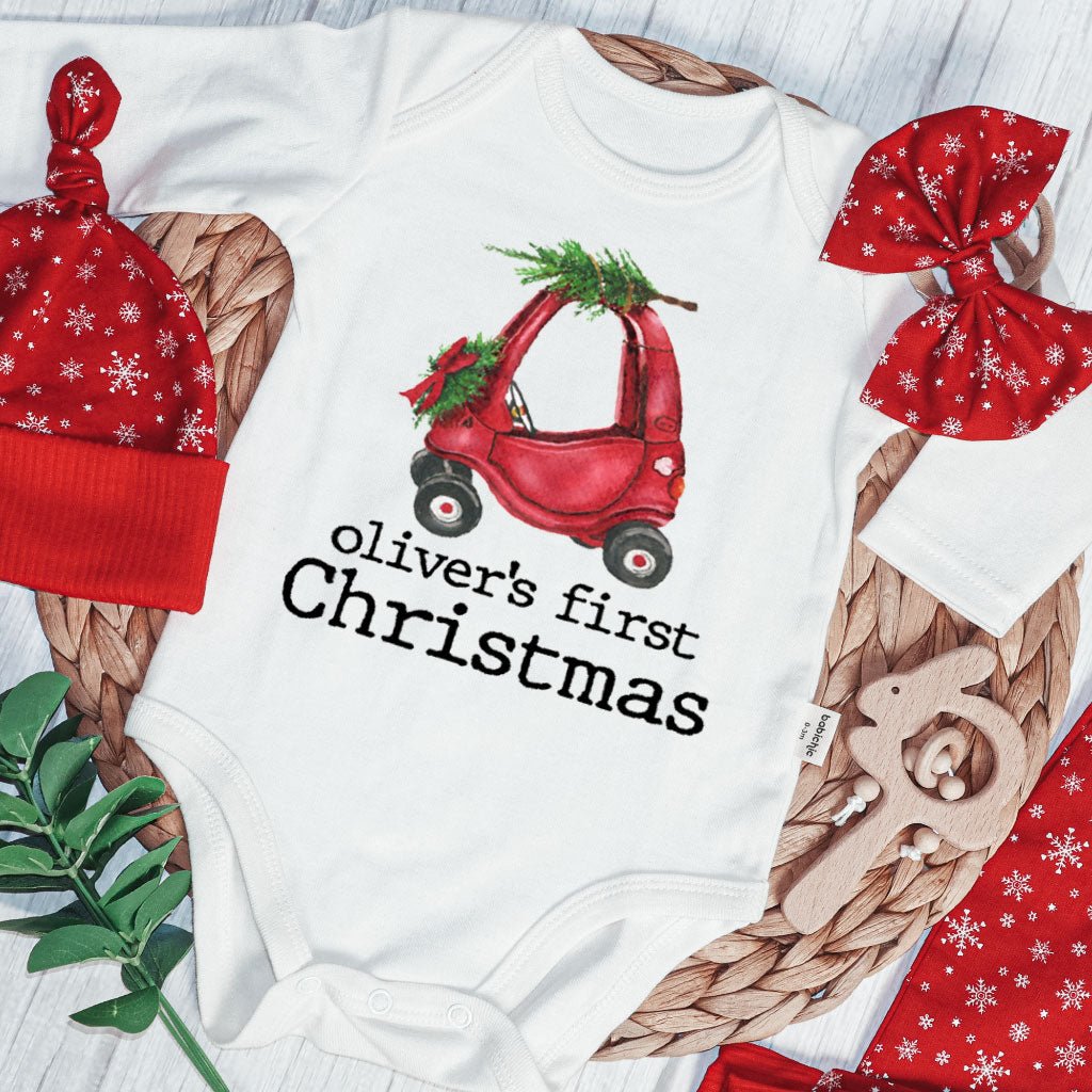 Personalized My First Christmas Baby Onesie and Long Pants Set | Custom Christmas Truck Newborn Bodysuit - BabiChic