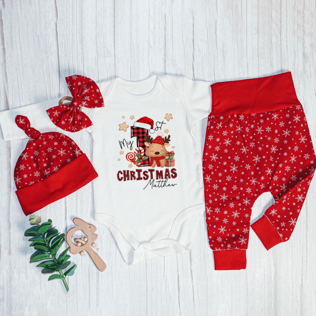 Personalized My First Christmas Baby Onesie and Long Pants Set | Custom My 1st Cute Deer Christmas Bodysuit - BabiChic