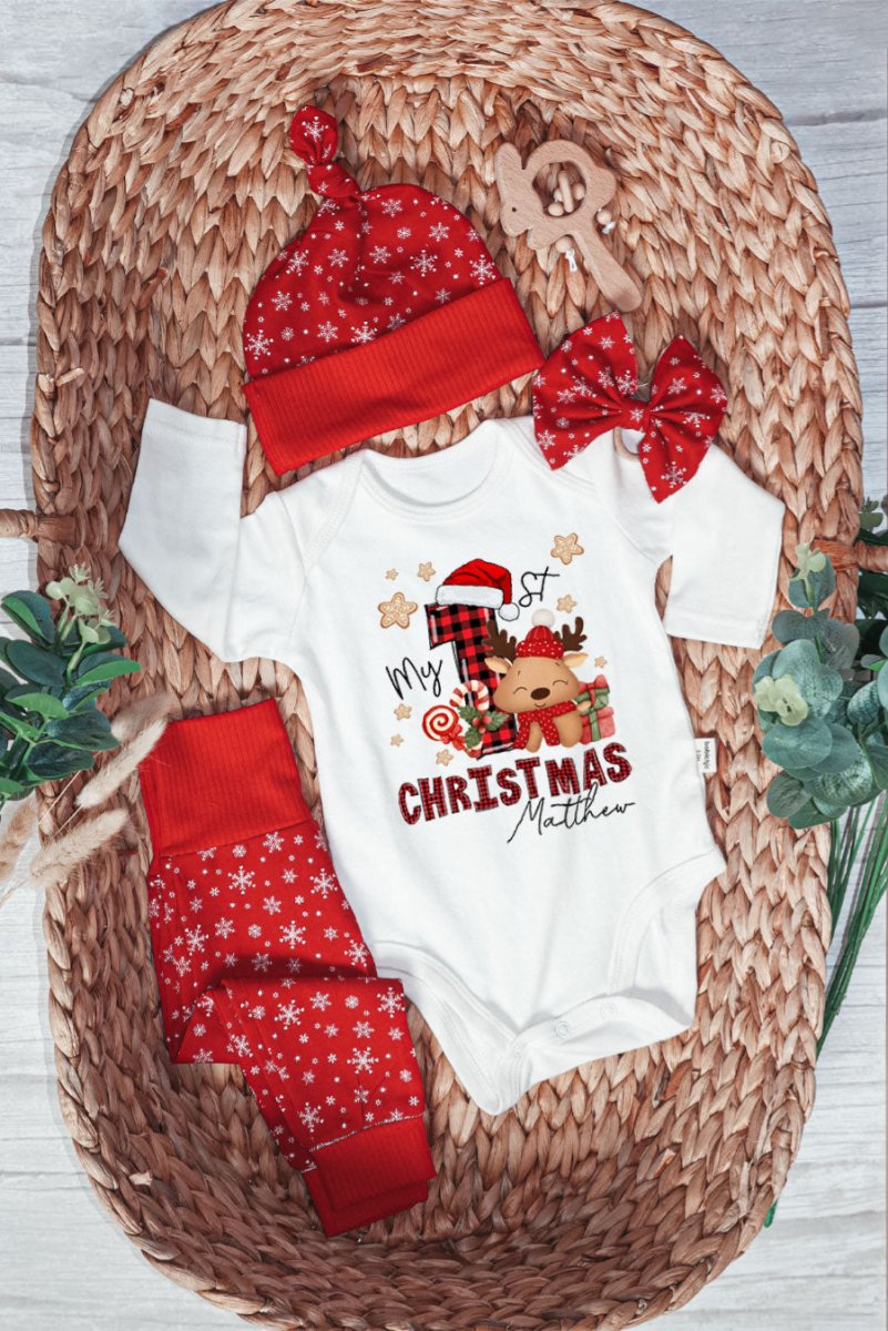 Personalized My First Christmas Baby Onesie and Long Pants Set | Custom My 1st Cute Deer Christmas Bodysuit - BabiChic