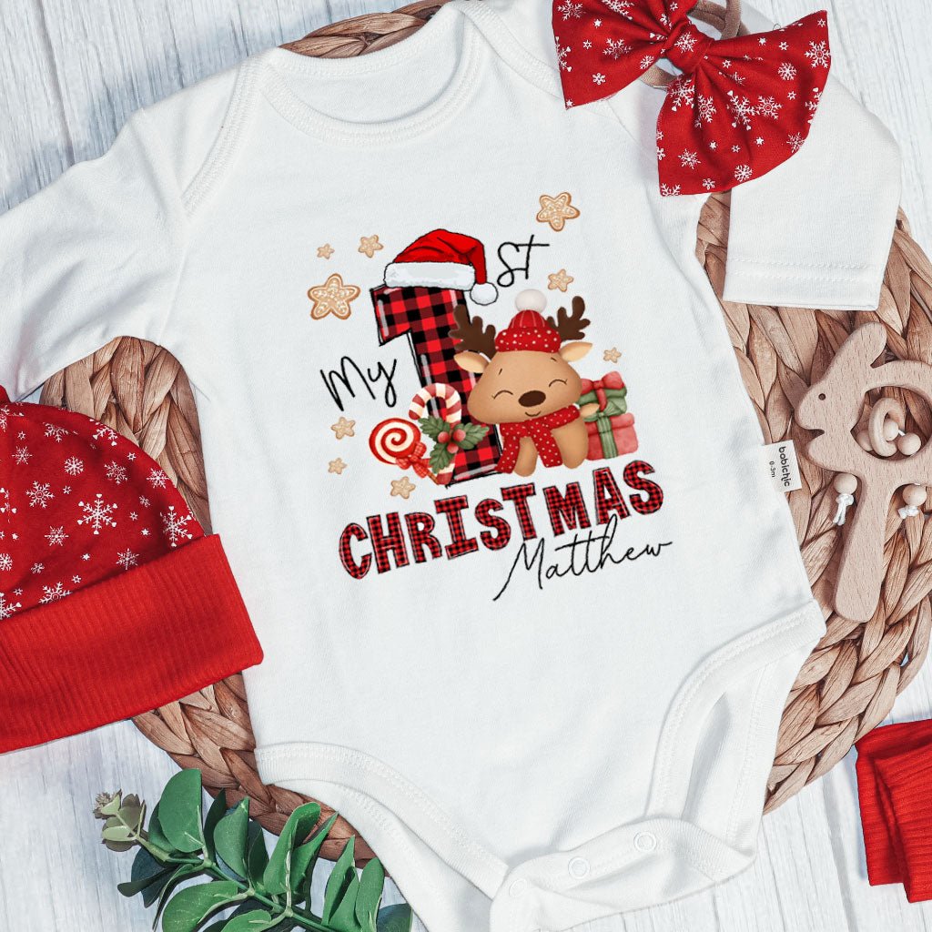 Personalized My First Christmas Baby Onesie and Long Pants Set | Custom My 1st Cute Deer Christmas Bodysuit - BabiChic