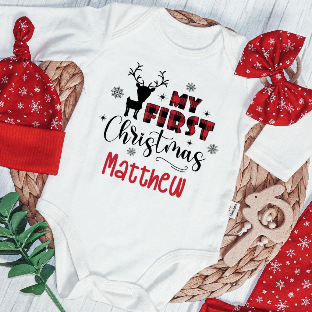 Personalized My First Christmas Baby Onesie and Long Pants Set | Custom My 1st Cute Deer Christmas Newborn Bodysuit - BabiChic