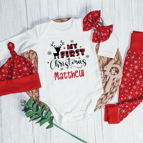 Personalized My First Christmas Baby Onesie and Long Pants Set | Custom My 1st Cute Deer Christmas Newborn Bodysuit - BabiChic