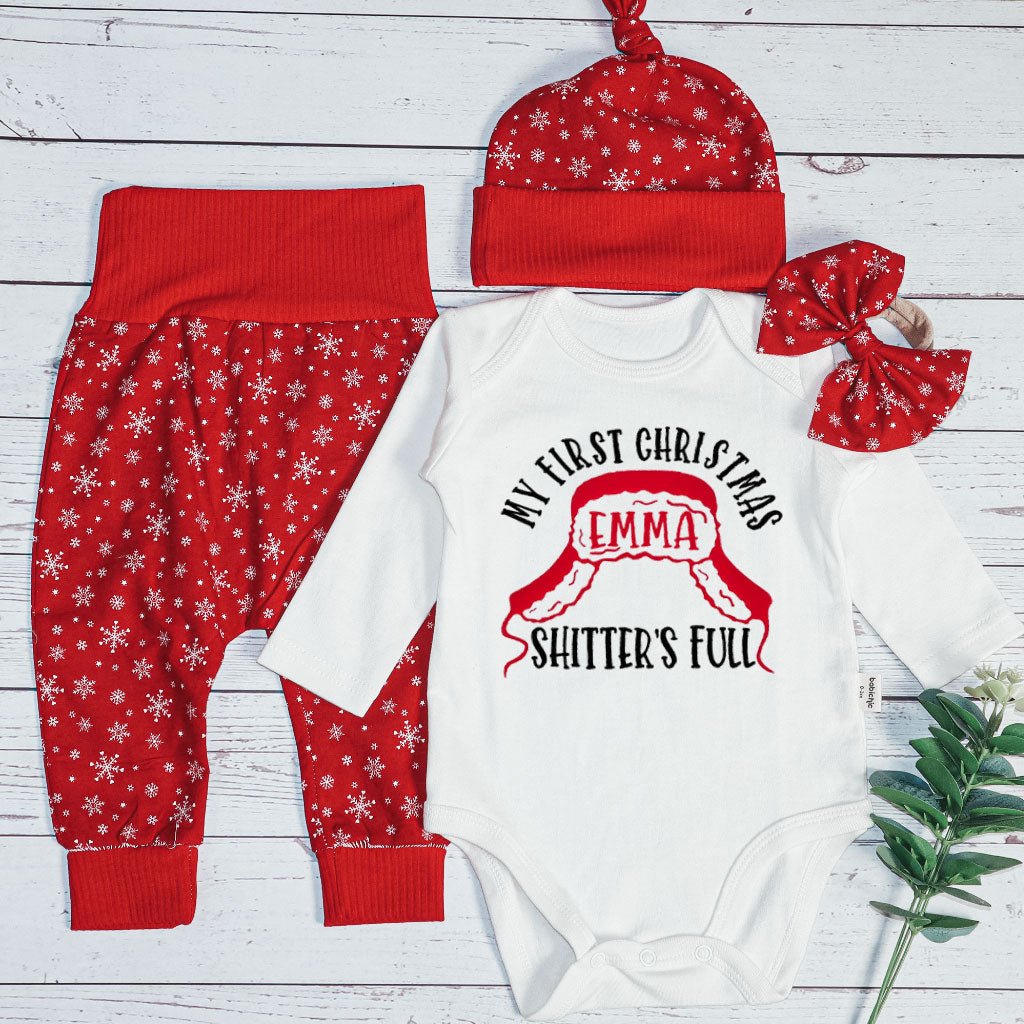 Personalized My First Christmas Baby Onesie and Long Pants Set | Custom Shitters Full Christmas Bodysuit - BabiChic