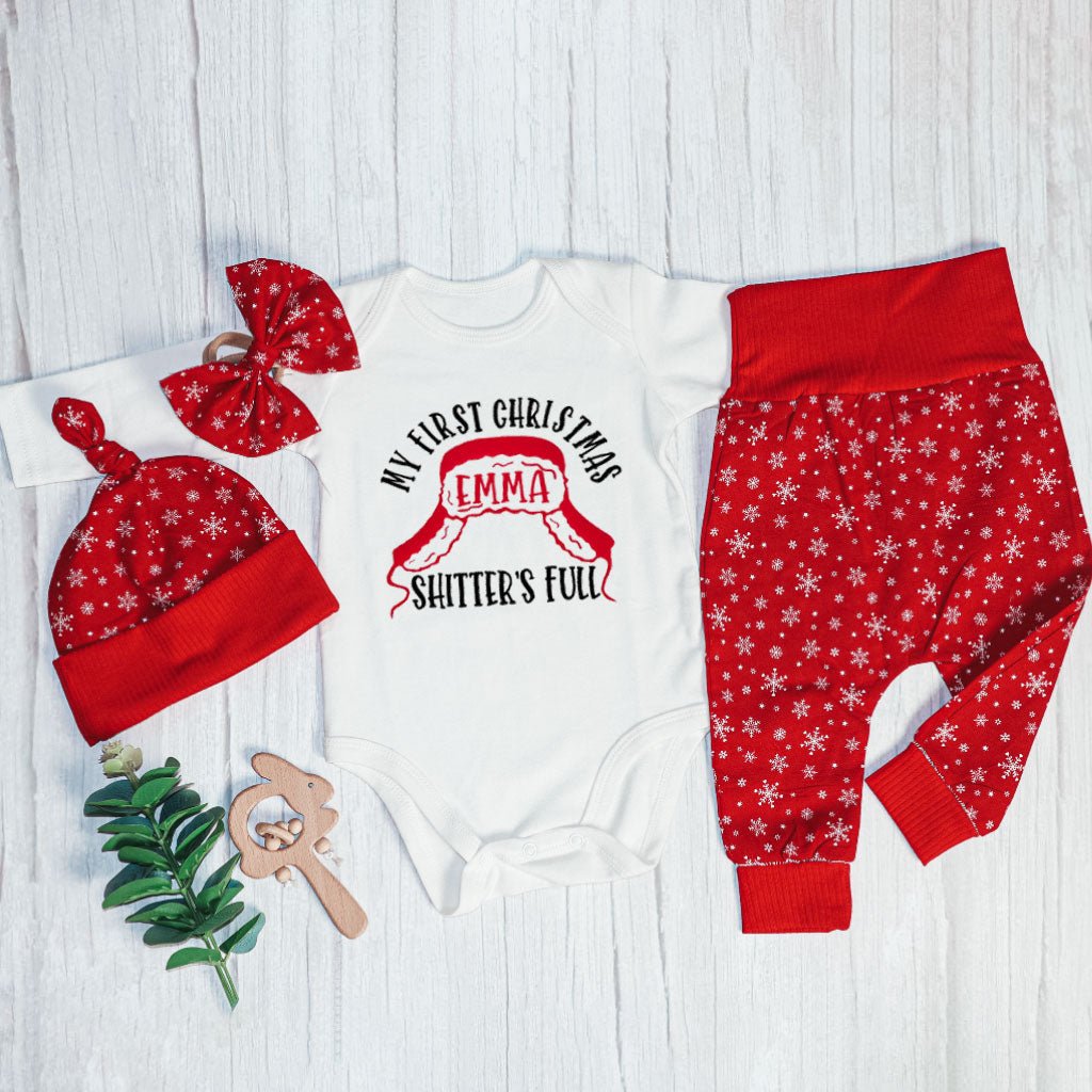 Personalized My First Christmas Baby Onesie and Long Pants Set | Custom Shitters Full Christmas Bodysuit - BabiChic