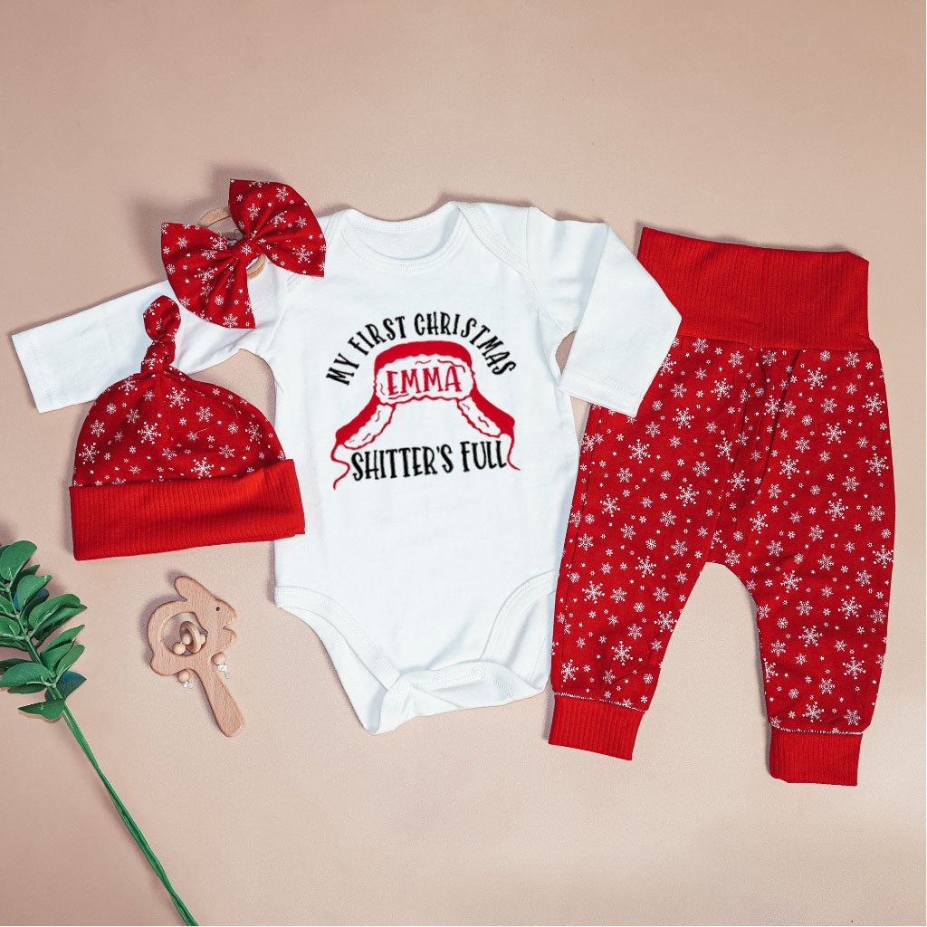 Personalized My First Christmas Baby Onesie and Long Pants Set | Custom Shitters Full Christmas Bodysuit - BabiChic