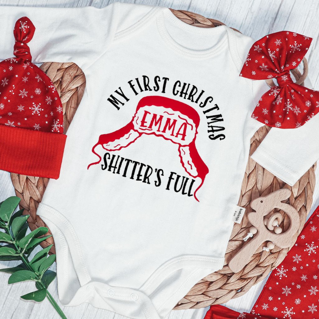 Personalized My First Christmas Baby Onesie and Long Pants Set | Custom Shitters Full Christmas Bodysuit - BabiChic