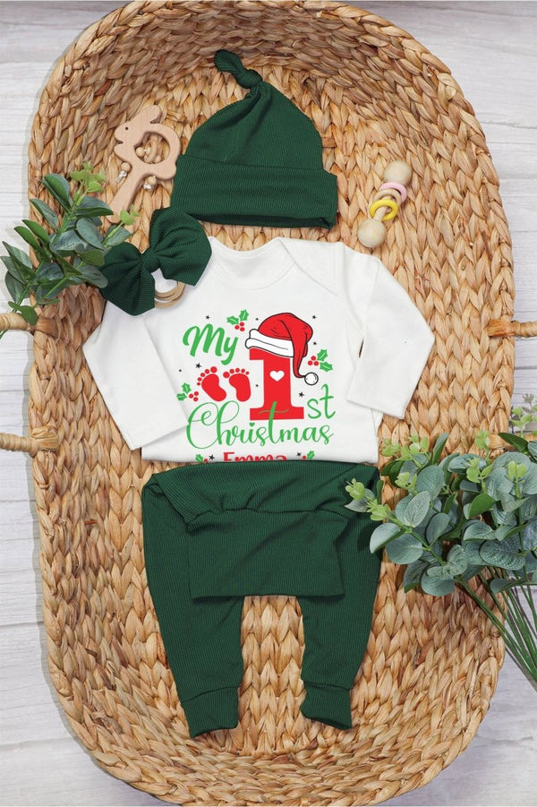 Personalized My First Christmas Baby Onesie and Long Pants Set | Cute Holiday Bodysuit - My First Baby Onesie - BabiChic