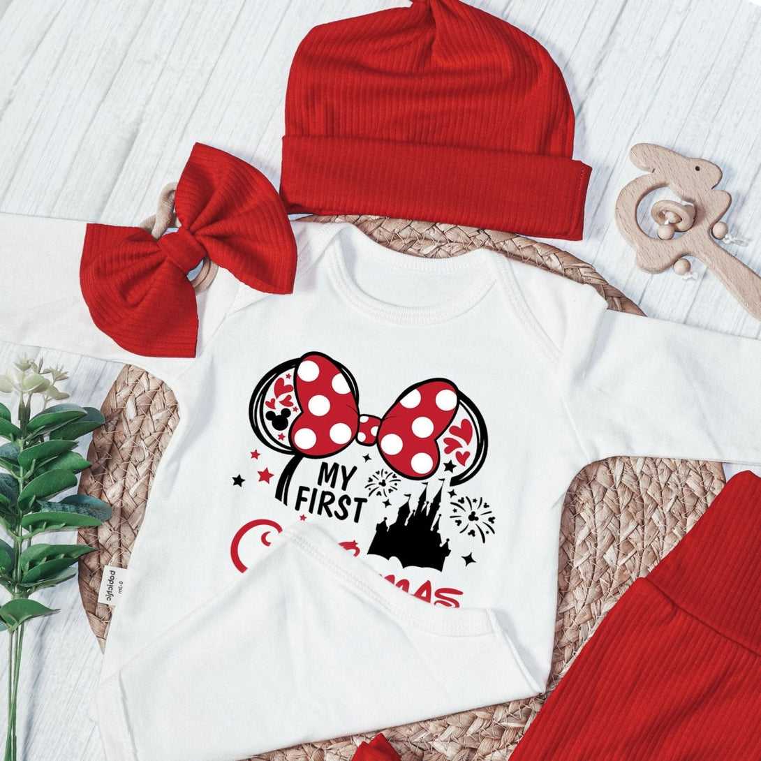 Personalized My First Christmas Mickey Mouse Baby Onesie and Long Pants Set | Custom My First Disney Trip Bodysuit - BabiChic