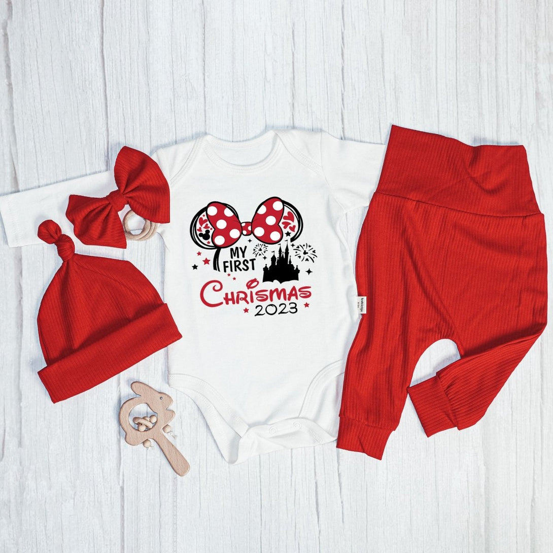 Personalized My First Christmas Mickey Mouse Baby Onesie and Long Pants Set | Custom My First Disney Trip Bodysuit - BabiChic