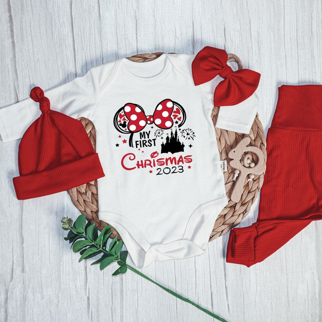 Personalized My First Christmas Mickey Mouse Baby Onesie and Long Pants Set | Custom My First Disney Trip Bodysuit - BabiChic