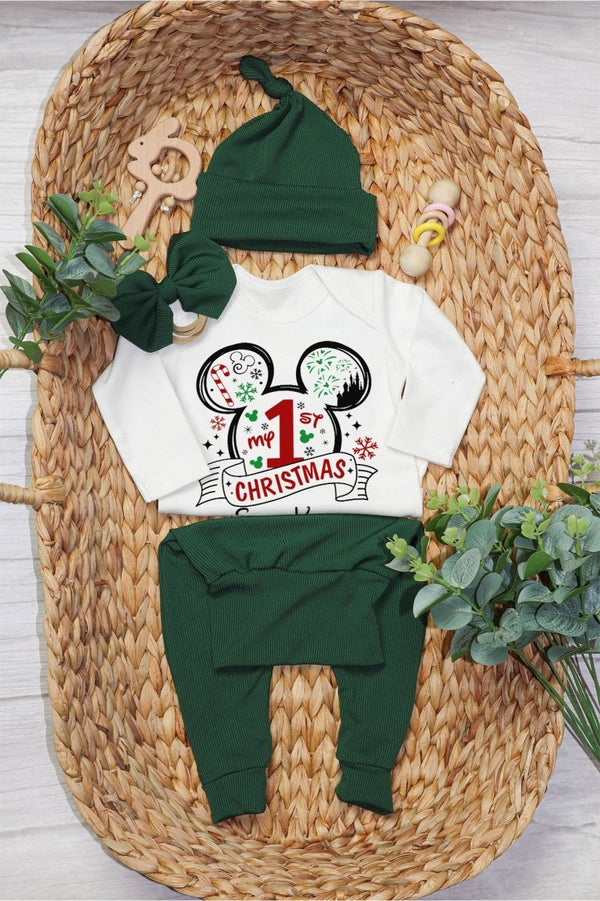 Personalized My First Christmas Mickey Mouse Baby Onesie and Long Pants Set | Custom My First Disney Trip Bodysuit - BabiChic