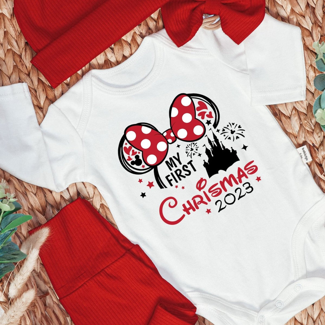 Personalized My First Christmas Mickey Mouse Baby Onesie and Long Pants Set | Custom My First Disney Trip Bodysuit - BabiChic