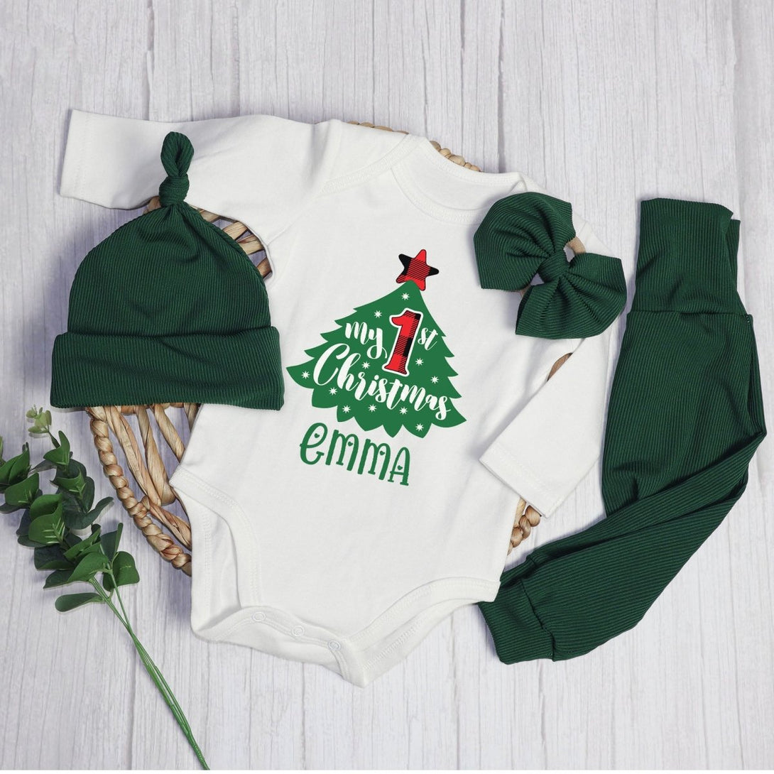 Personalized My First Christmas Tree Baby Onesie and Long Pants Set | Custom Cute Christmas Tree Bodysuit - BabiChic