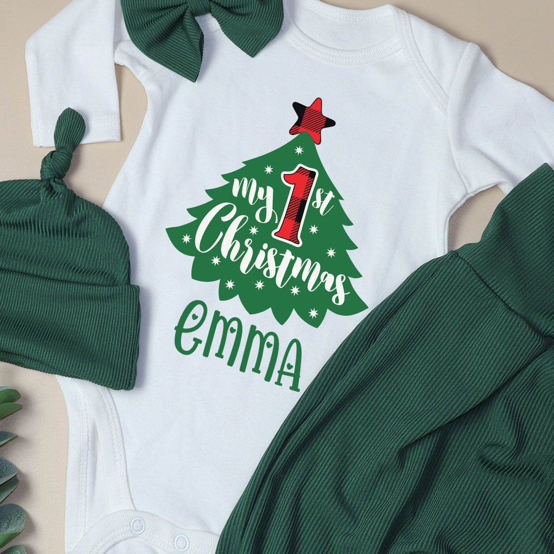 Personalized My First Christmas Tree Baby Onesie and Long Pants Set | Custom Cute Christmas Tree Bodysuit - BabiChic